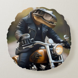 T-Rex Dinosaur Bikie On A Motorbike, Round Cushion