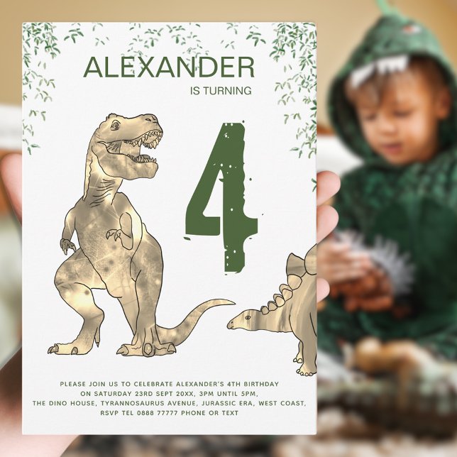 T-Rex Dinosaur Birthday Party Invitation (Dinosaur boy’s birthday party invitation T-Rex & Stegosaurus dino jungle & modern green typography)