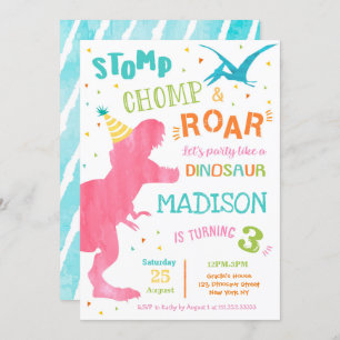 T Rex Dinosaur Birthday Party Invitations for girl