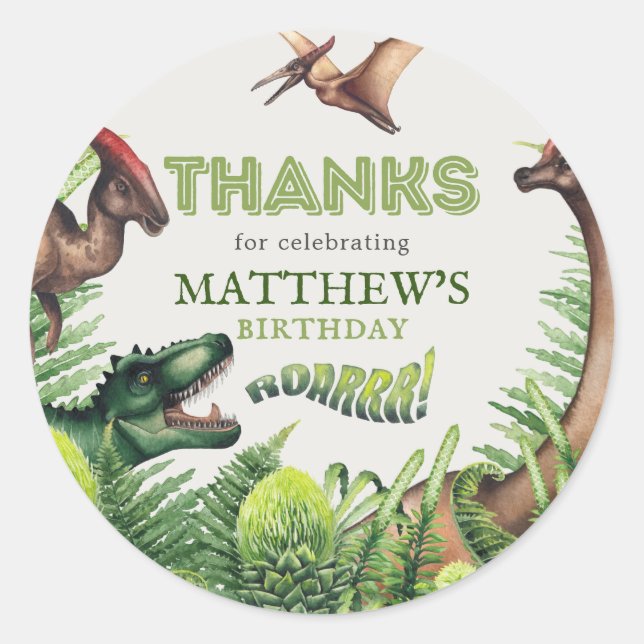 T-Rex Dinosaur Birthday Party Thank You Classic Round Sticker (Front)
