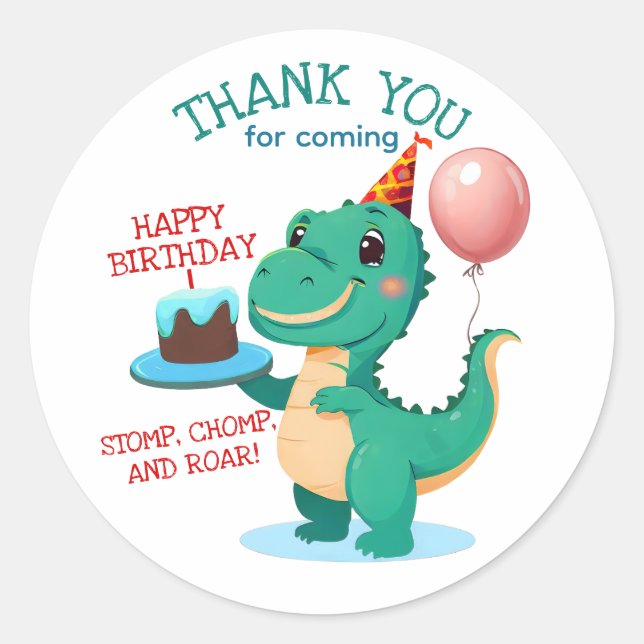 T Rex Dinosaur Birthday Party Thank You Classic Round Sticker (Front)