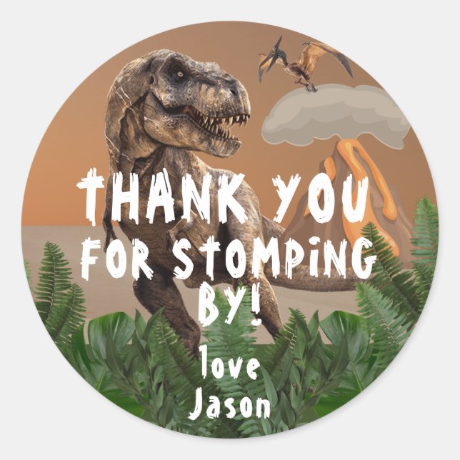 T-Rex Dinosaur Birthday Party Thank You Classic Round Sticker (Front)