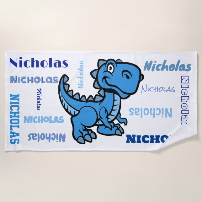 T Rex Dinosaur Blue Personalised Name Beach Towel (Front)