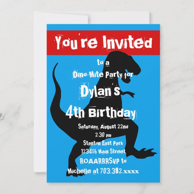 T Rex Dinosaur Blue Red Birthday Party Invitation (Front)