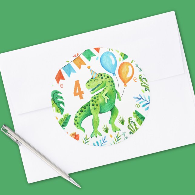 T rex Dinosaur Boys Birthday Watercolor Classic Round Sticker (T rex Dinosaur Boys Birthday Watercolor Classic Round Sticker)