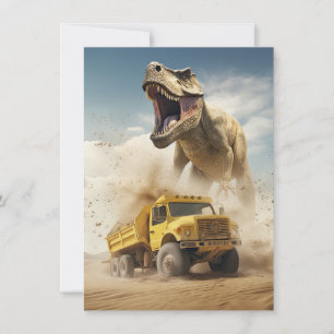 T-Rex Dinosaur Chasing a Dump Truck Birthday Party Invitation