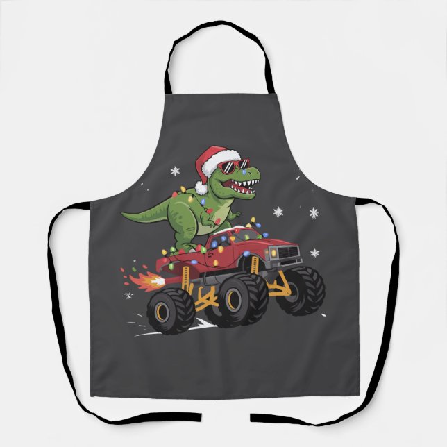 T-Rex Dinosaur Christmas Monster Truck  Apron (Front)