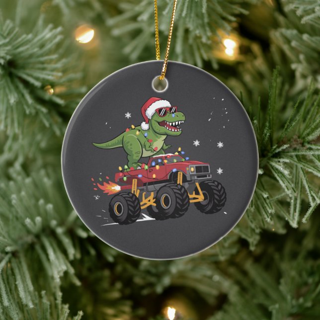 T-Rex Dinosaur Christmas Monster Truck  Ceramic Tree Decoration (Tree)