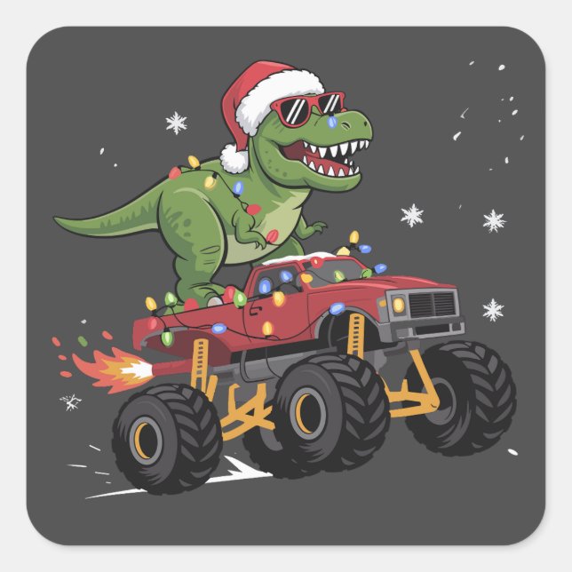 T-Rex Dinosaur Christmas Monster Truck  Square Sticker (Front)