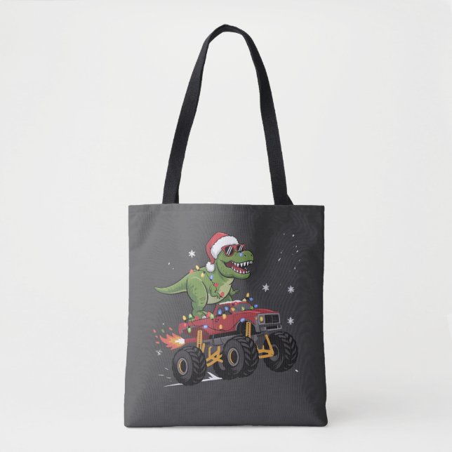 T-Rex Dinosaur Christmas Monster Truck  Tote Bag (Front)