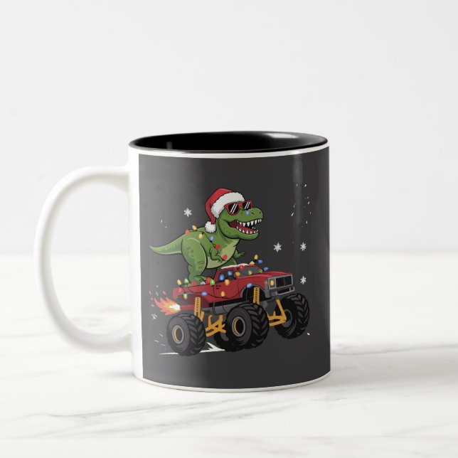 T-Rex Dinosaur Christmas Monster Truck  Two-Tone Coffee Mug (Left)