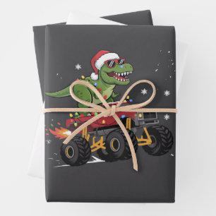 T-Rex Dinosaur Christmas Monster Truck  Wrapping Paper Sheet