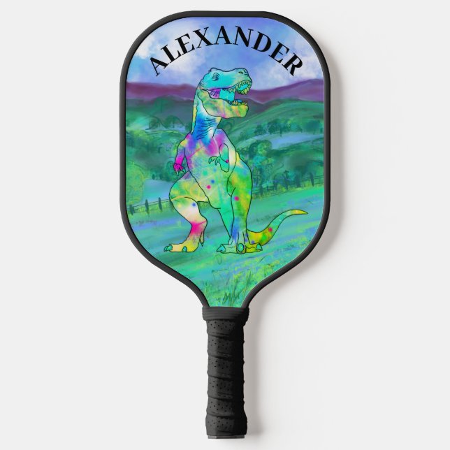 T. rex dinosaur colourful add name pickleball paddle (Front)