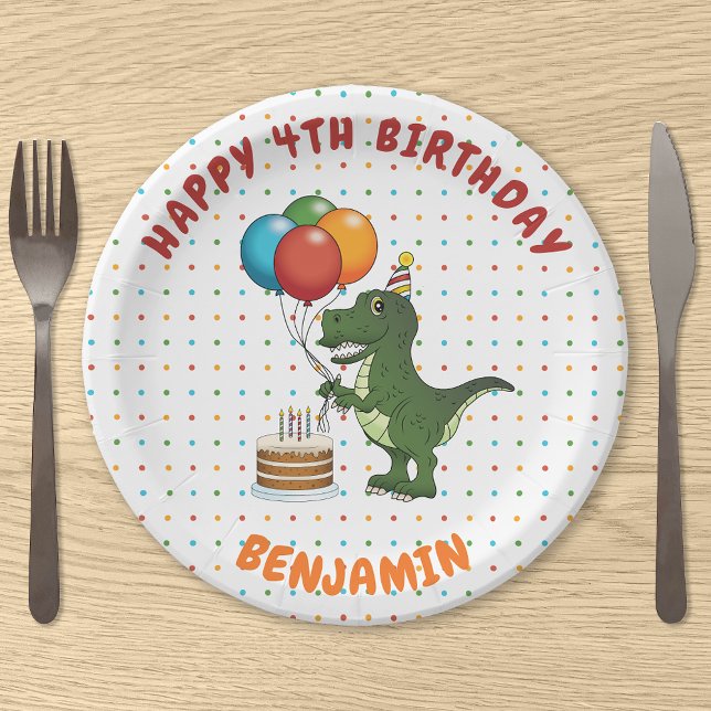 T-rex Dinosaur Colourful Balloons Custom Child Nam Paper Plate (Creator Uploaded)