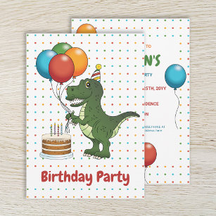 T-rex Dinosaur Colourful Balloons Kid's Birthday Invitation