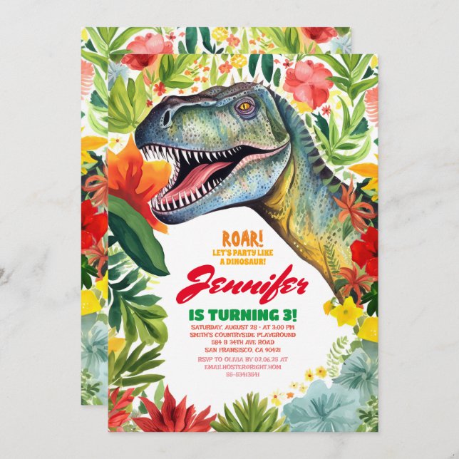 T-Rex Dinosaur Colourful Floral Girl's Birthday Invitation (Front/Back)