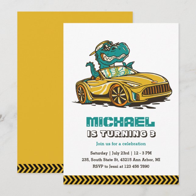 T-Rex Dinosaur Drive Yellow Car Kids Boys Birthday Invitation (Front/Back)