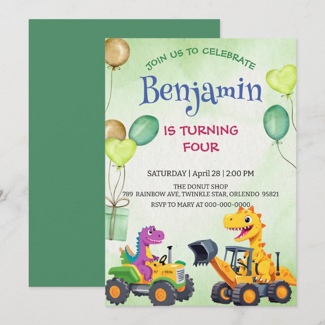 T-rex dinosaur Excavator tractor balloon Birthday (Front/Back)