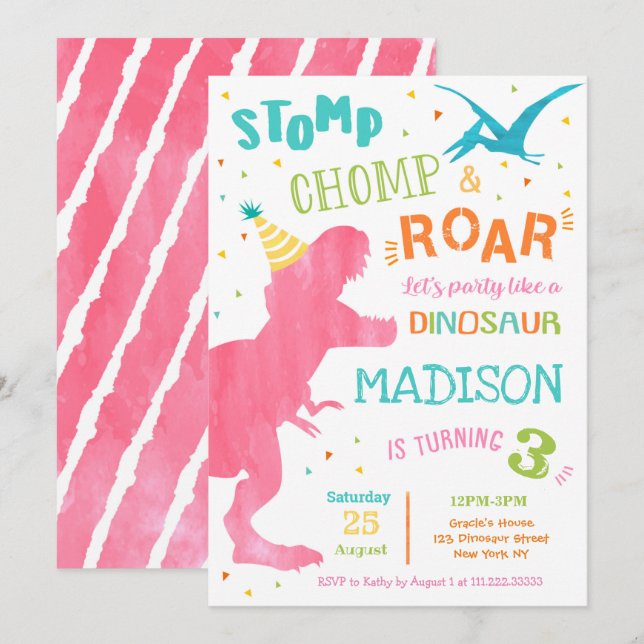 T Rex Dinosaur Girl Birthday Party Invitations (Front/Back)
