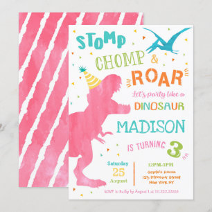 T Rex Dinosaur Girl Birthday Party Invitations