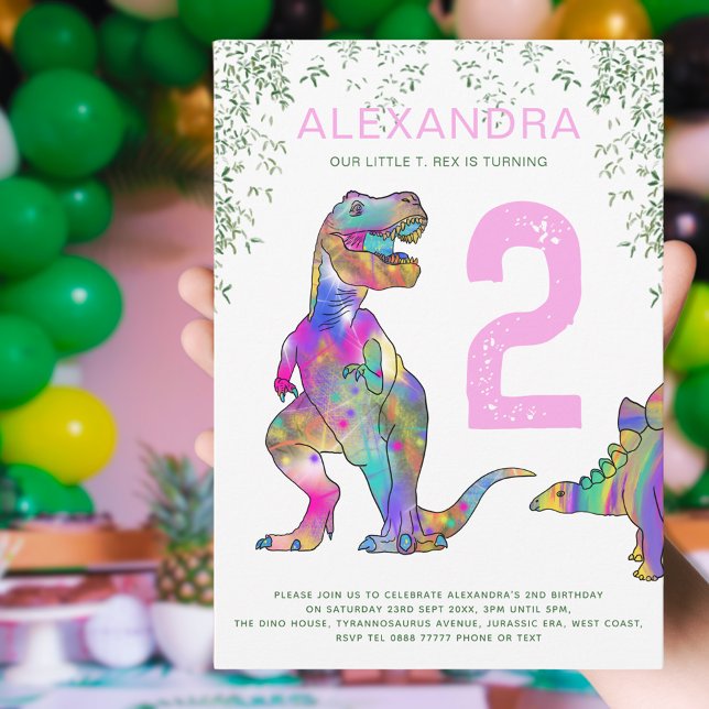T-Rex Dinosaur Girls Birthday Party Invitation (T-Rex dinosaur girls 2nd birthday party with colorful tyrannosaurus and stegosaurus )