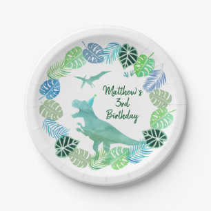T-Rex Dinosaur Greenery Birthday Paper Plate
