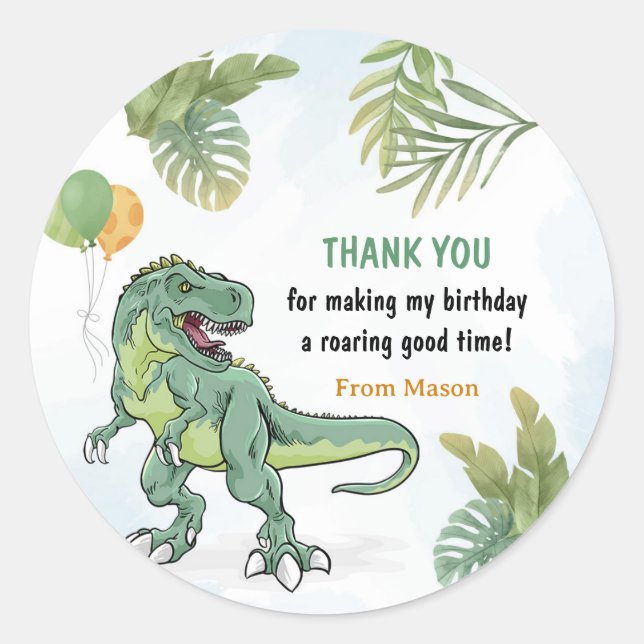 T-Rex Dinosaur Greenery Birthday Party Classic Round Sticker (Front)