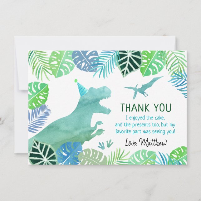 T-Rex Dinosaur Greenery Birthday Thank You Card (Front)
