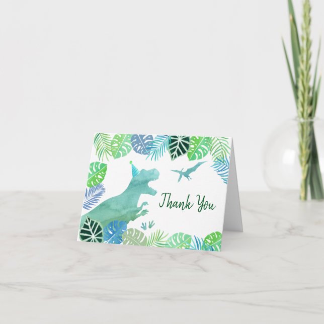T-Rex Dinosaur Greenery Birthday Thank You Card (Front)