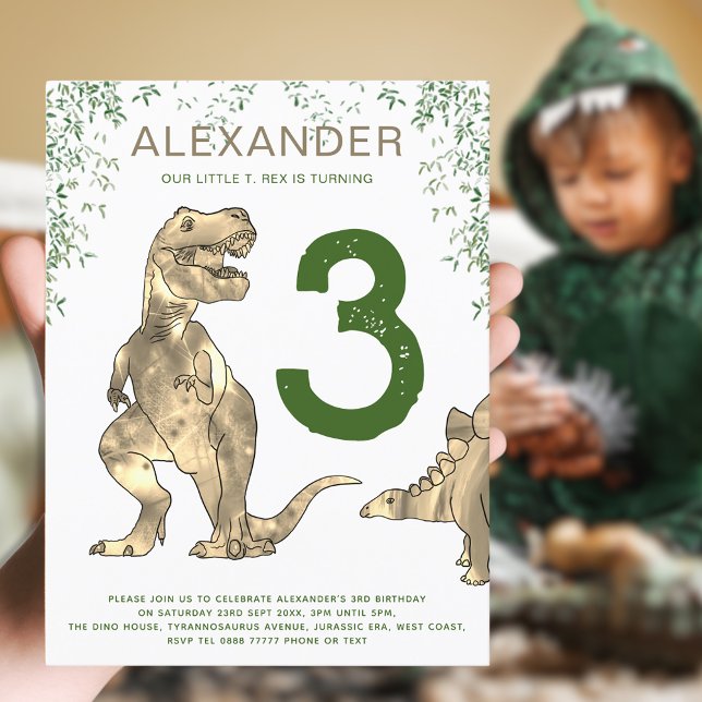 T-Rex Dinosaur Jungle 3rd Birthday Party Budget Invitation Postcard (Boys dinosaur jungle modern 3rd birthday party budget invitation with T-Rex and stegosaurus dinos)