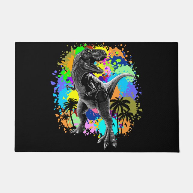 T-Rex Dinosaur Jurassic Reptile on Paint Stains Doormat (Front)