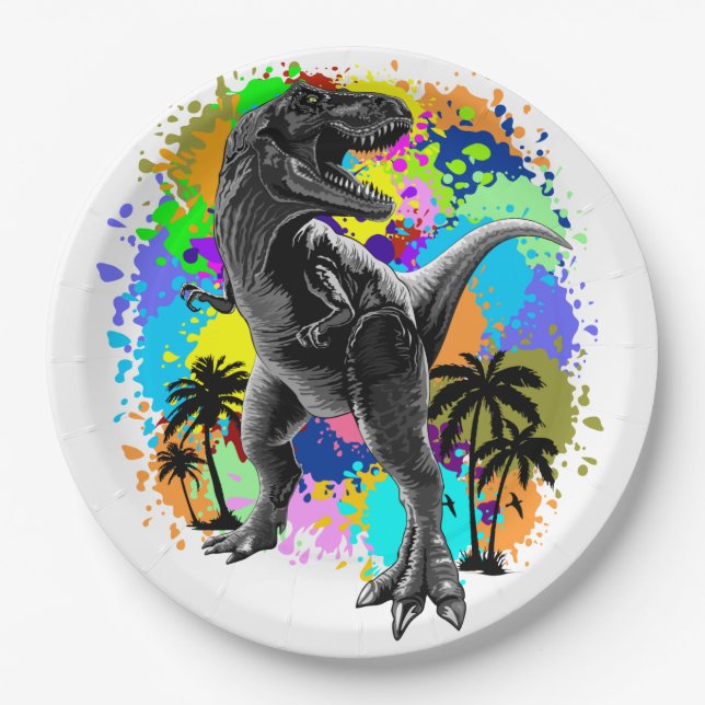 T-Rex Dinosaur Jurassic Reptile on Paint Stains Paper Plate (Front)