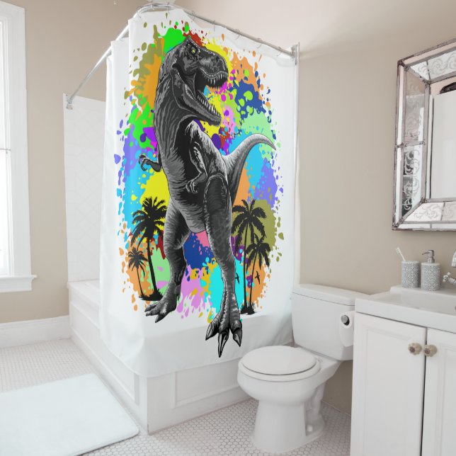T-Rex Dinosaur Jurassic Reptile on Paint Stains Shower Curtain (In Situ)