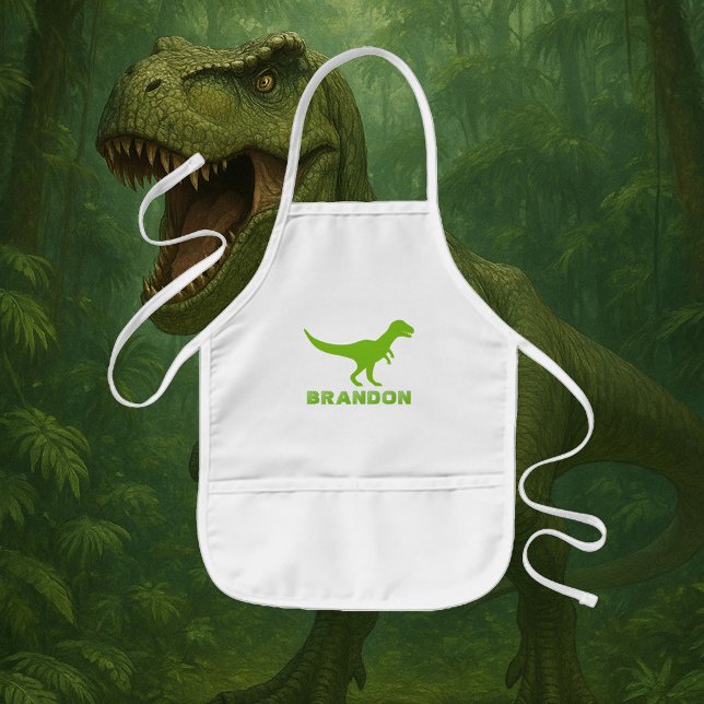 T-rex dinosaur kids apron with custom boys name (Green T-rex dinosaur apron for kids)