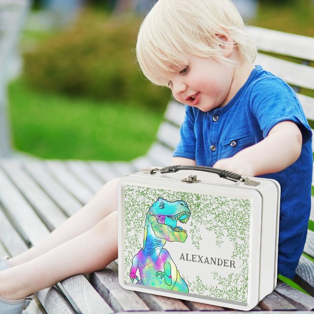 T-Rex Dinosaur Kids Name Metal Lunch Box (Dinosaur custom name lunchbox with colorful T-Rex and Jurassic jungle foliage)