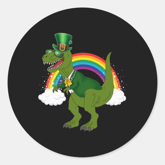 T-rex Dinosaur Leprechaun Rainbow St Patricks Day  Classic Round Sticker (Front)