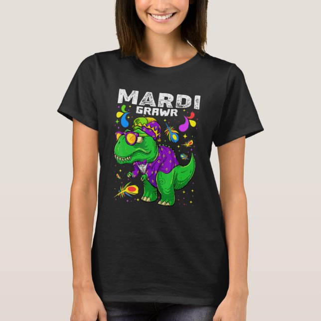 T Rex Dinosaur Mardi Gras Bead Costume Mardi Grawr T-Shirt (Front)