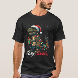 T Rex Dinosaur Merry Christmas Lights Santa Hat Xm T-Shirt