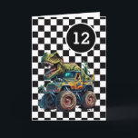T-rex Dinosaur Monster Truck 121th Birthday Card<br><div class="desc">A dinosaur monster truck 12th birthday card for boys. Featuring a black and white chequered background on the front with a place you can easily personalise the age if needed. A Tyrannosaurus rex on top of a monster truck will delight all dinosaur and monster truck fans.</div>