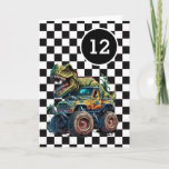 T-rex Dinosaur Monster Truck 121th Birthday Card<br><div class="desc">A dinosaur monster truck 12th birthday card for boys. Featuring a black and white chequered background on the front with a place you can easily personalise the age if needed. A Tyrannosaurus rex on top of a monster truck will delight all dinosaur and monster truck fans.</div>