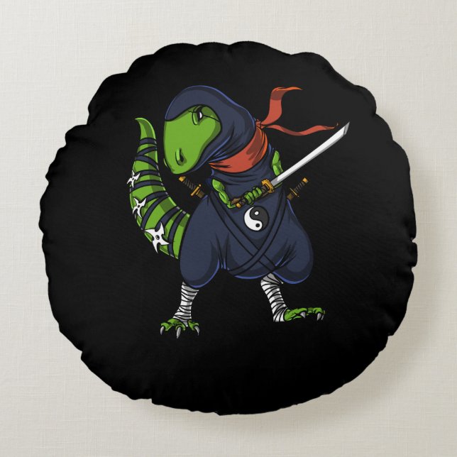 T-Rex Dinosaur Ninja Samurai Warrior Round Cushion (Front)