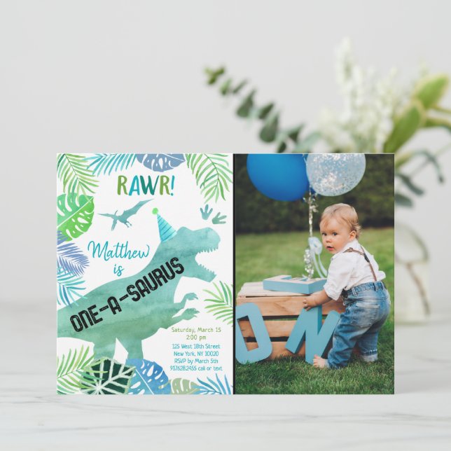 T Rex Dinosaur One-a-saurus First Birthday Invitation (Standing Front)