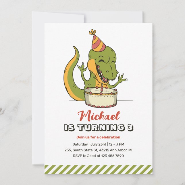 T-Rex Dinosaur One Year Cake Kids Birthday Invitation (Front)