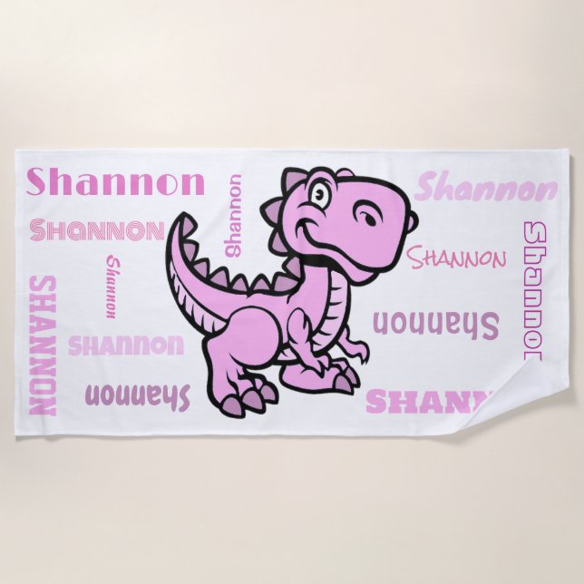 T Rex Dinosaur Pink Personalised Name Beach Towel (Front)