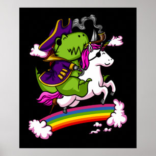 T-Rex Dinosaur Pirate Sailor Riding Unicorn Poster