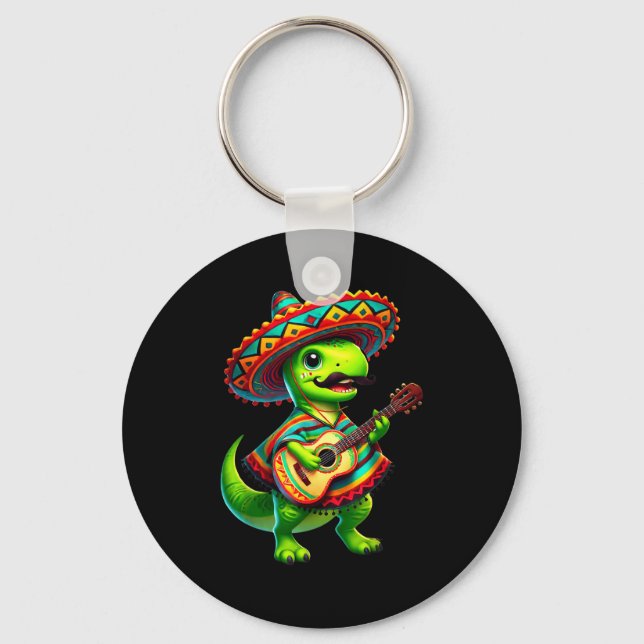 T-rex dinosaur playing guitar cinco de mayo mexica key ring (Front)