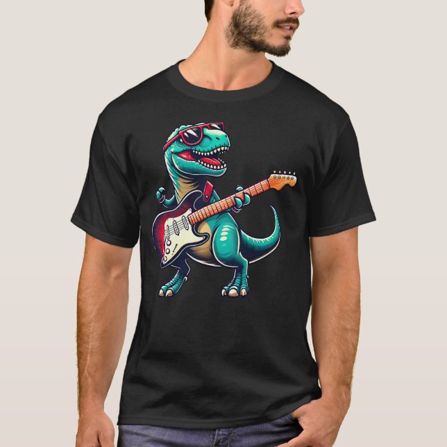 T-Rex Dinosaur Playing Guitar Musician Music T-Shirt (Front)