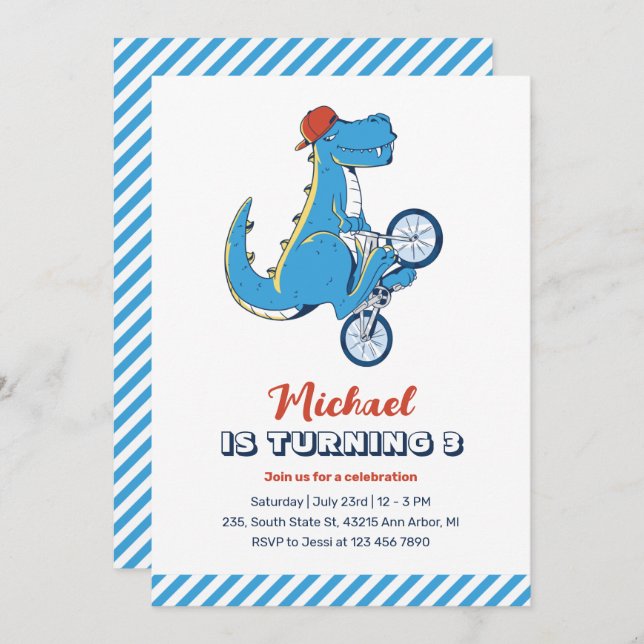 T-Rex Dinosaur Ride Bicycle Kids Boys Birthday Invitation (Front/Back)