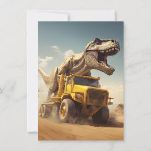 T-Rex Dinosaur Riding a Dump Truck Birthday Party Invitation