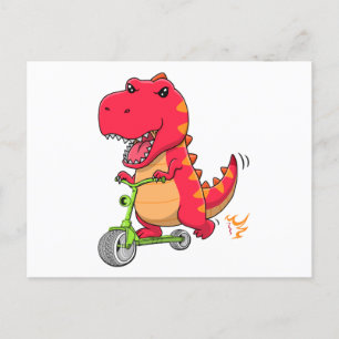 T-rex Dinosaur Riding A Green Scooter Postcard
